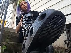 Cyberpunk goth girl boot worship and spitty soles